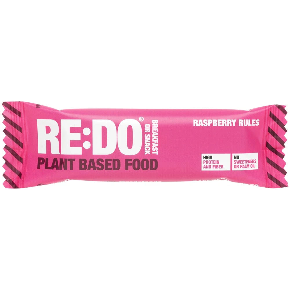 REDO Bar 60 g vegansk proteinbar i en rosa förpackning för smaken Raspberry Rules.