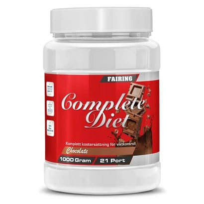 Fairing Complete Diet New Formula 1 kg måltidsersättning i en vit plastburk med röd etikett och chokladbitar.