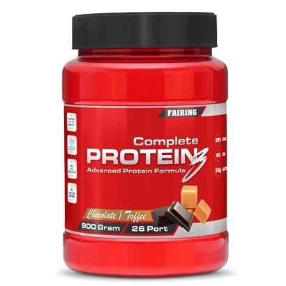 Fairing Complete Protein III 900 g proteinpulver i en röd burk med svart lock och smak av Chocolate Toffee.