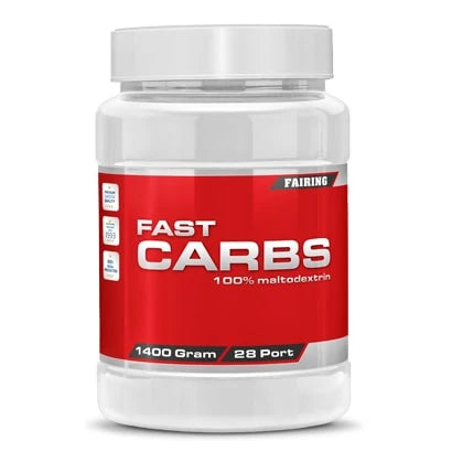 Fairing Fast Carbs 1.4 kg snabba kolhydrater i en vit plastburk med framträdande röd etikett.