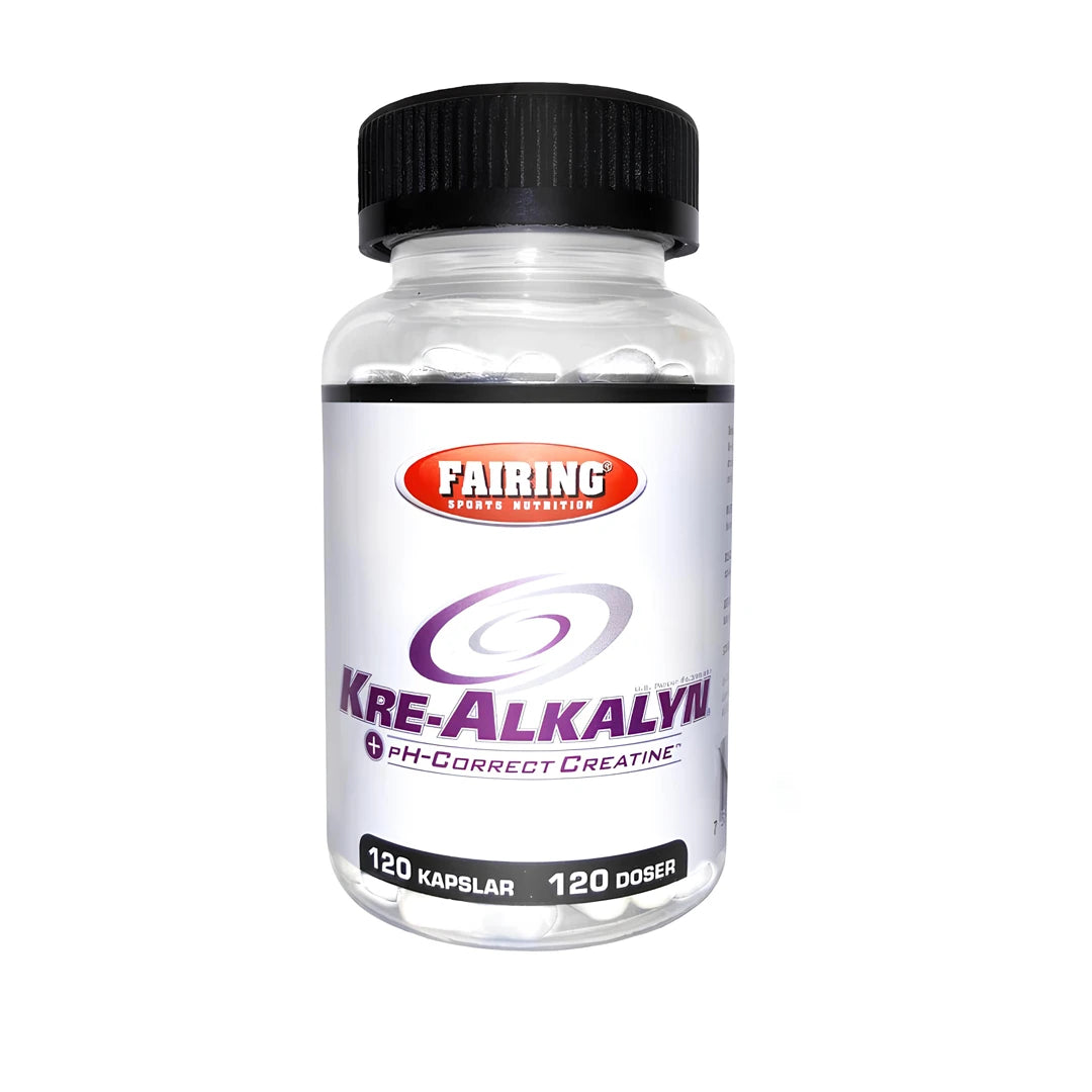 Fairing Kre-Alkalyn 120 caps är ett kreatintillskott i form av vita kapslar i en transparent burk med svart lock och vit etikett med lila detaljer.