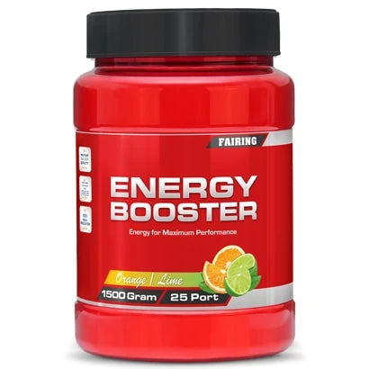 Fairing Energy Booster 1.5 kg sportdryck i en röd burk med svart lock och smak av Orange Lime.
