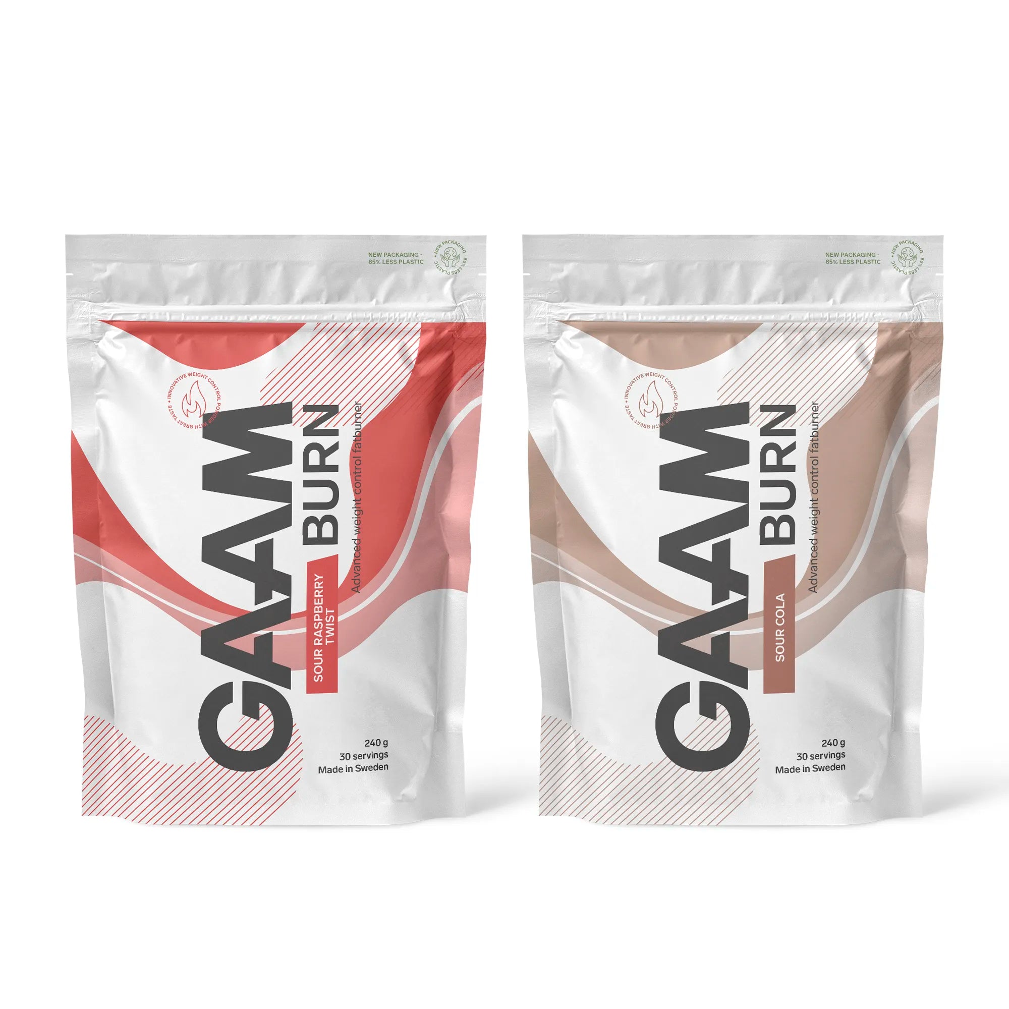 2 x GAAM Burn 240 g i två vita påsar med röda och bruna detaljer för smakerna Sour Raspberry Twist och Sour Cola.