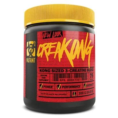 Svart burk med gult lock innehållande Mutant Creakong 300 g kreatinblandning, prydd med röd och gul etikett.