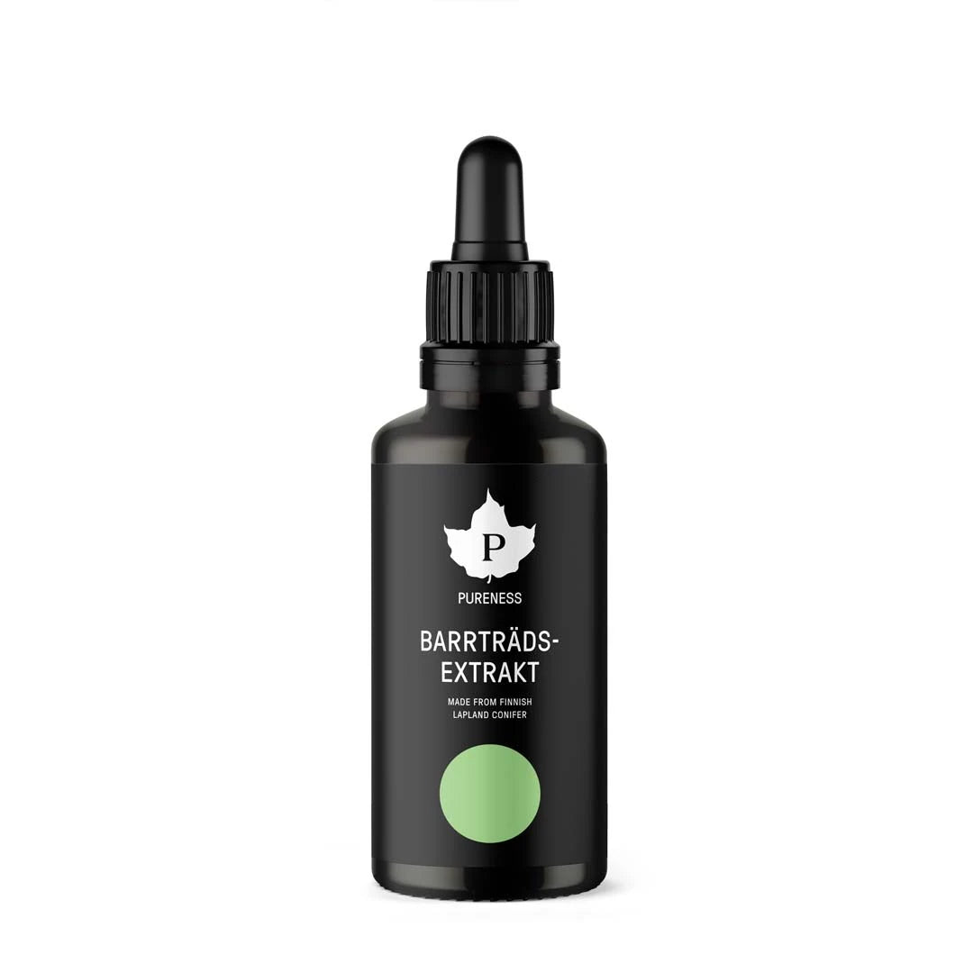Pureness Barrträdsextrakt 50 ml förpackad i en mörk glasflaska med pipett, svart etikett och en ljusgrön cirkel.