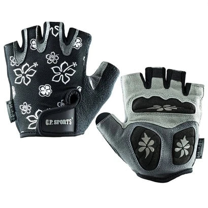 C.P. Sports Lady Fitness Glove Black/Grey, träningshandskar med svart ovansida med blommönster och grå vadderad insida.