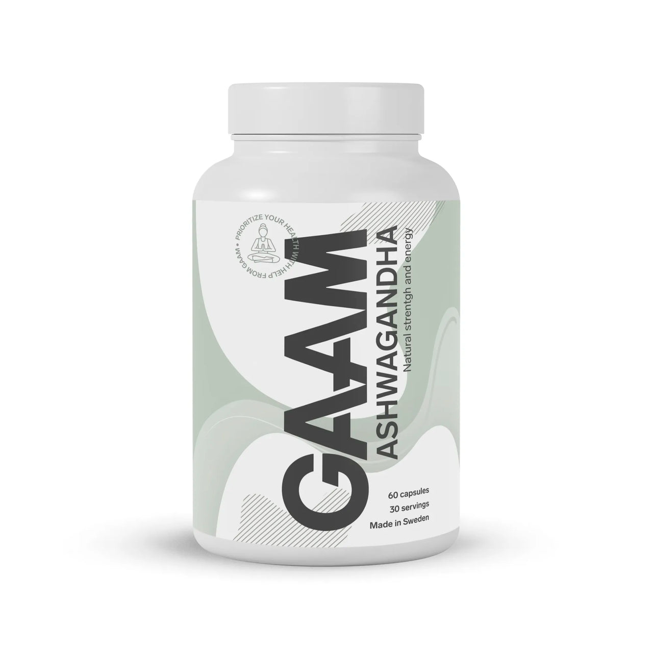 GAAM Ashwagandha 60 caps kosttillskott i en vit burk med grön och vit etikett.