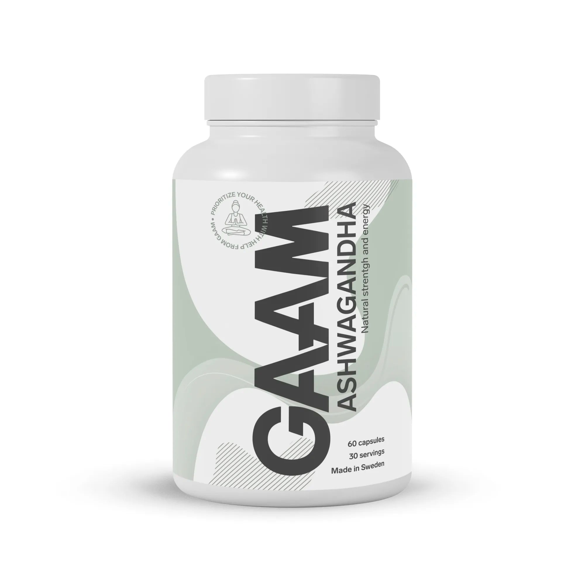 GAAM Ashwagandha 60 caps kosttillskott i en vit burk med grön och vit etikett.