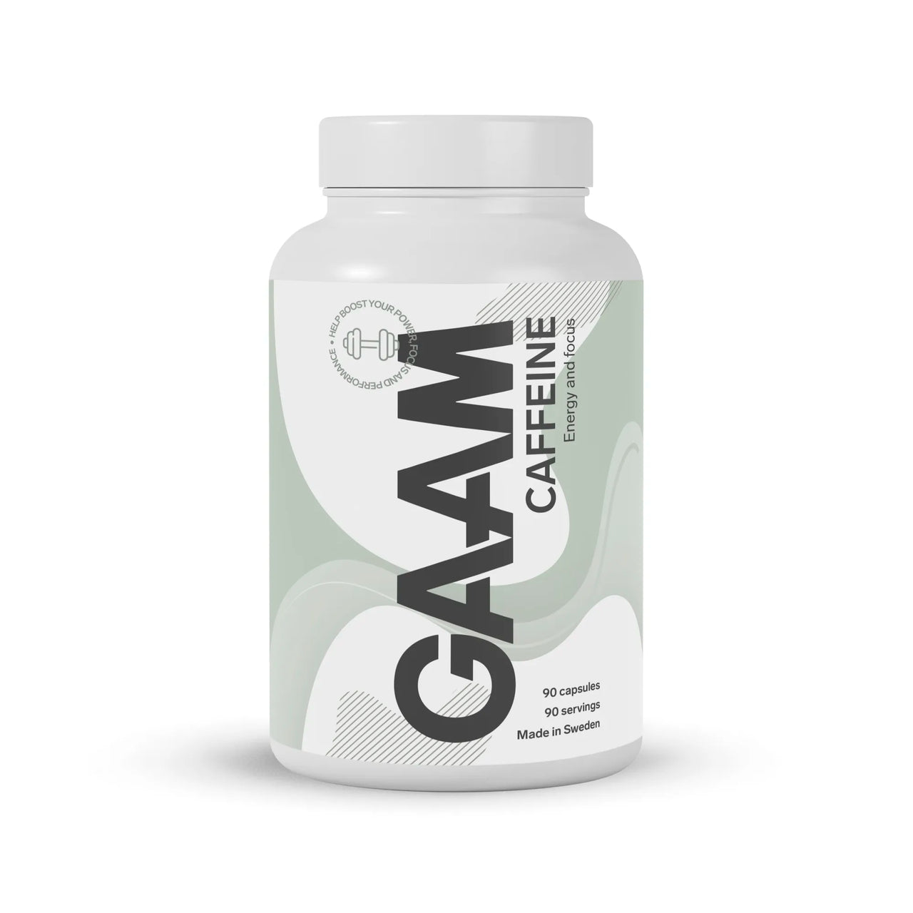 En vit burk med GAAM Caffeine 90 tabs koffeintabletter, prydd med gråa och gröna grafiska detaljer.