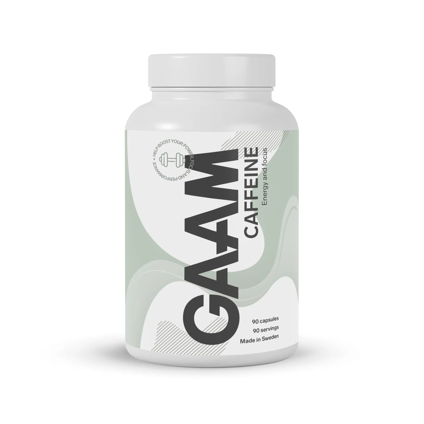 En vit burk med GAAM Caffeine 90 tabs koffeintabletter, prydd med gråa och gröna grafiska detaljer.