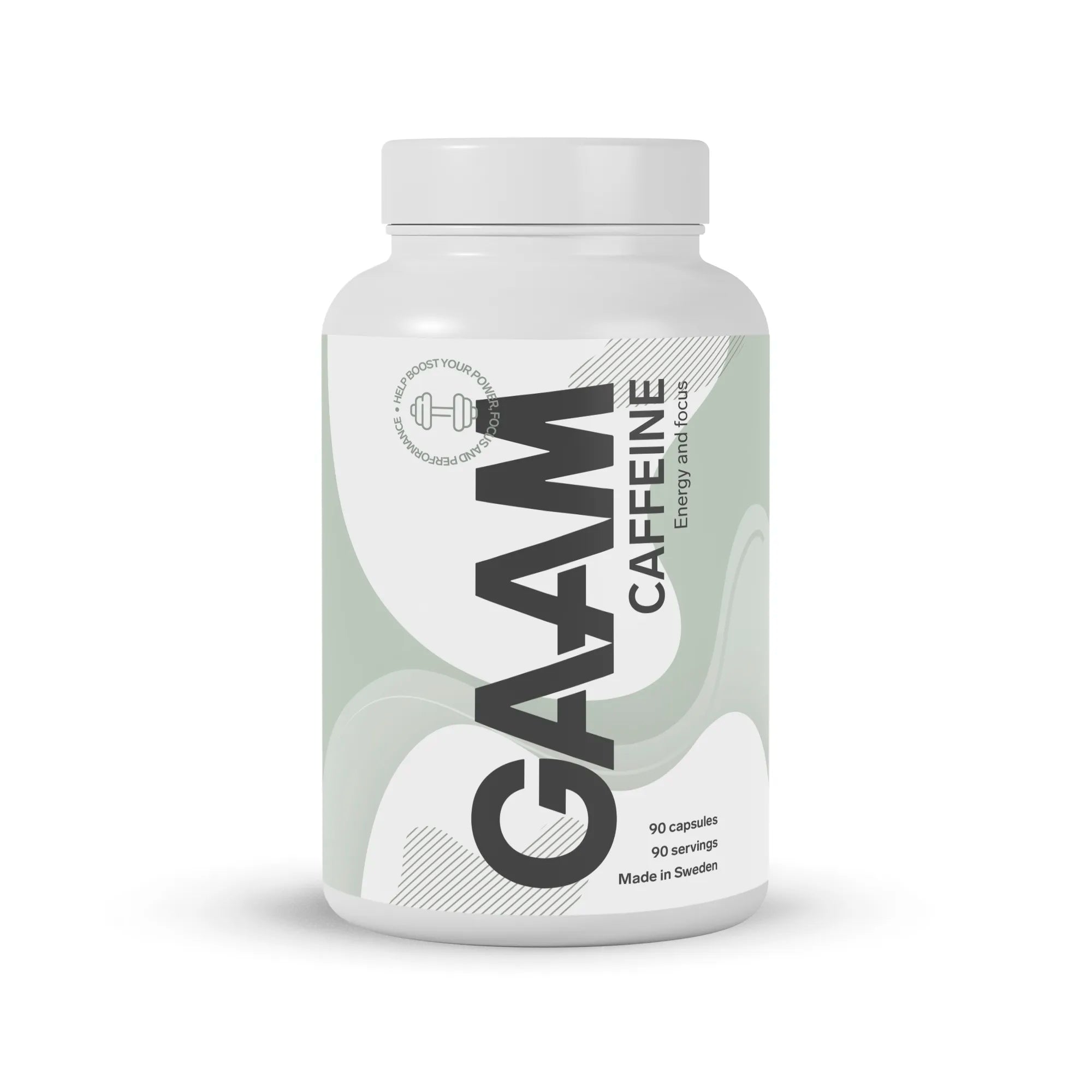 En vit burk med GAAM Caffeine 90 tabs koffeintabletter, prydd med gråa och gröna grafiska detaljer.