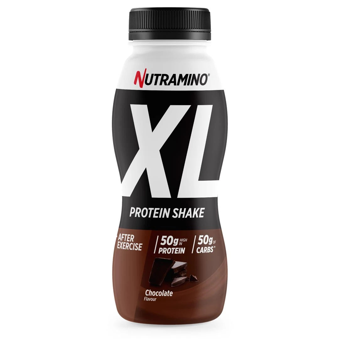 Nutramino Protein XL Shake 475 ml färdigblandad proteinshake i en svart, vit och brun flaska för smaken Choklad., bild 1 av 2