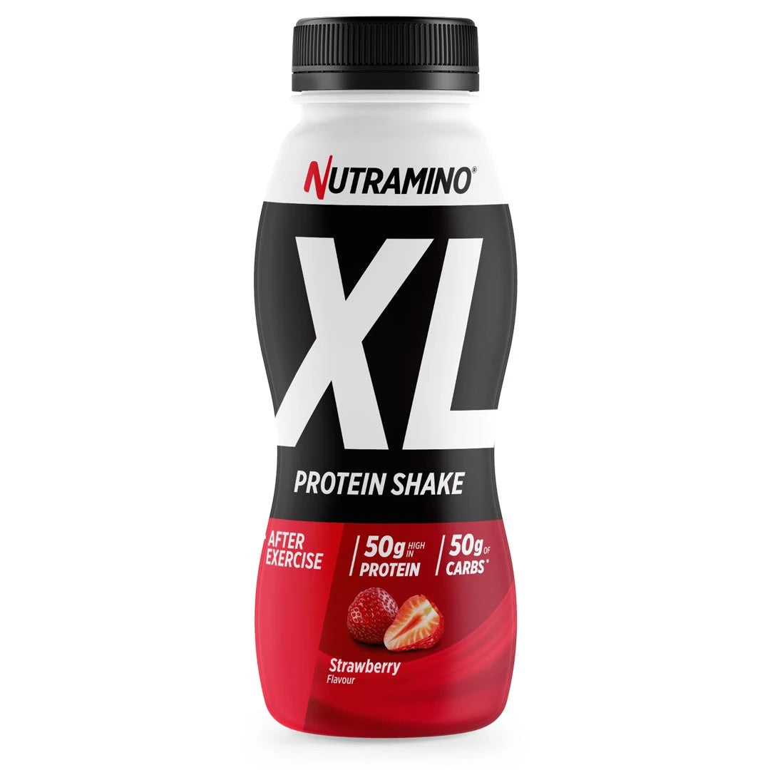 Nutramino Protein XL Shake 475 ml proteinshake i en svart, vit och röd flaska för smaken Jordgubb., bild 2 av 2