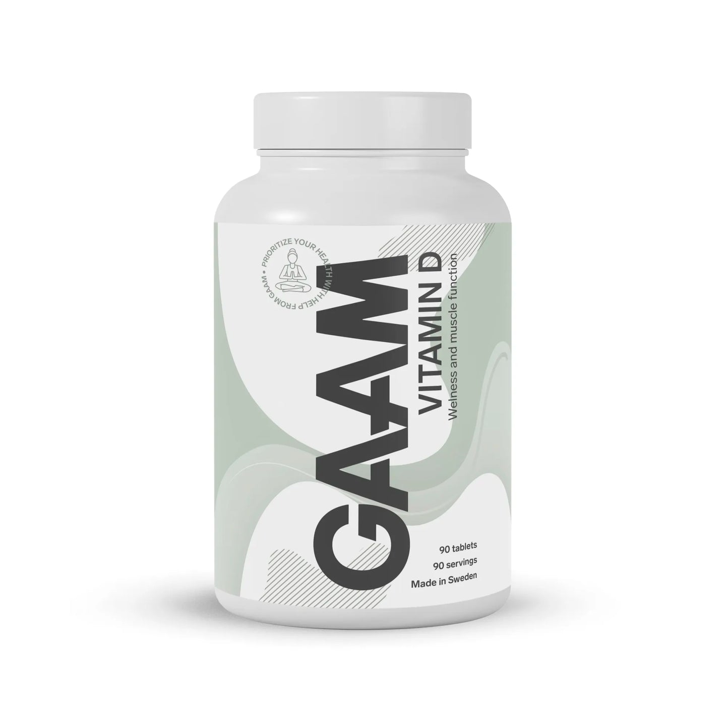 GAAM Vitamin-D 90 tabs kosttillskott i en vit burk med ljusgröna detaljer.