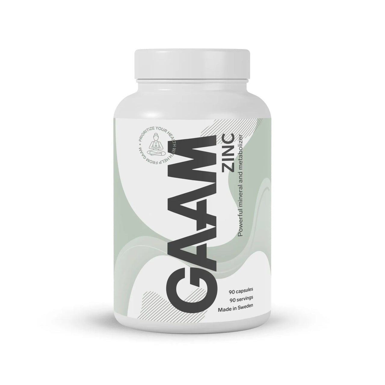 GAAM Zinc 90 caps zinktabletter i en vit plastburk med ljusgröna och svarta grafiska detaljer.