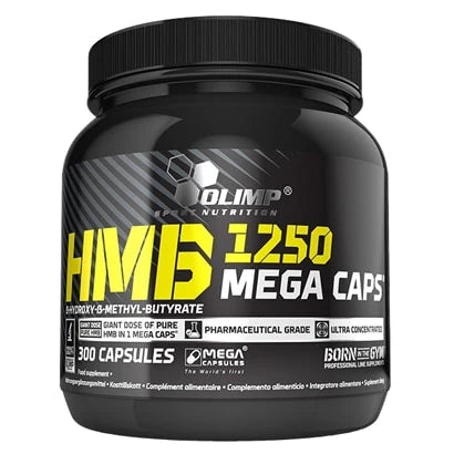 Olimp HMB Mega caps 300 caps kosttillskott förpackad i en svart burk med gul och vit text.