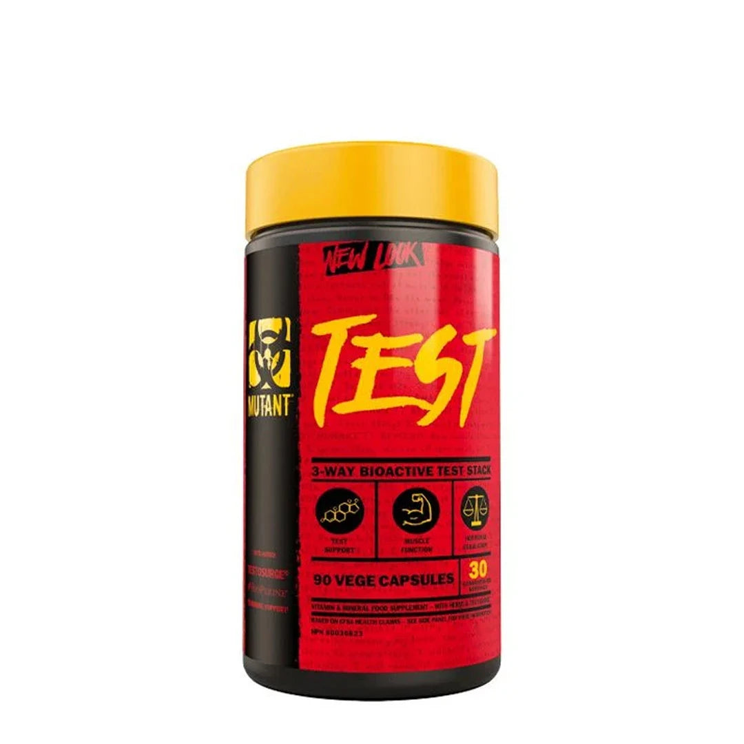 Mutant Nutrition Test 90 caps testosteronhöjare i en röd och svart burk med gult lock.