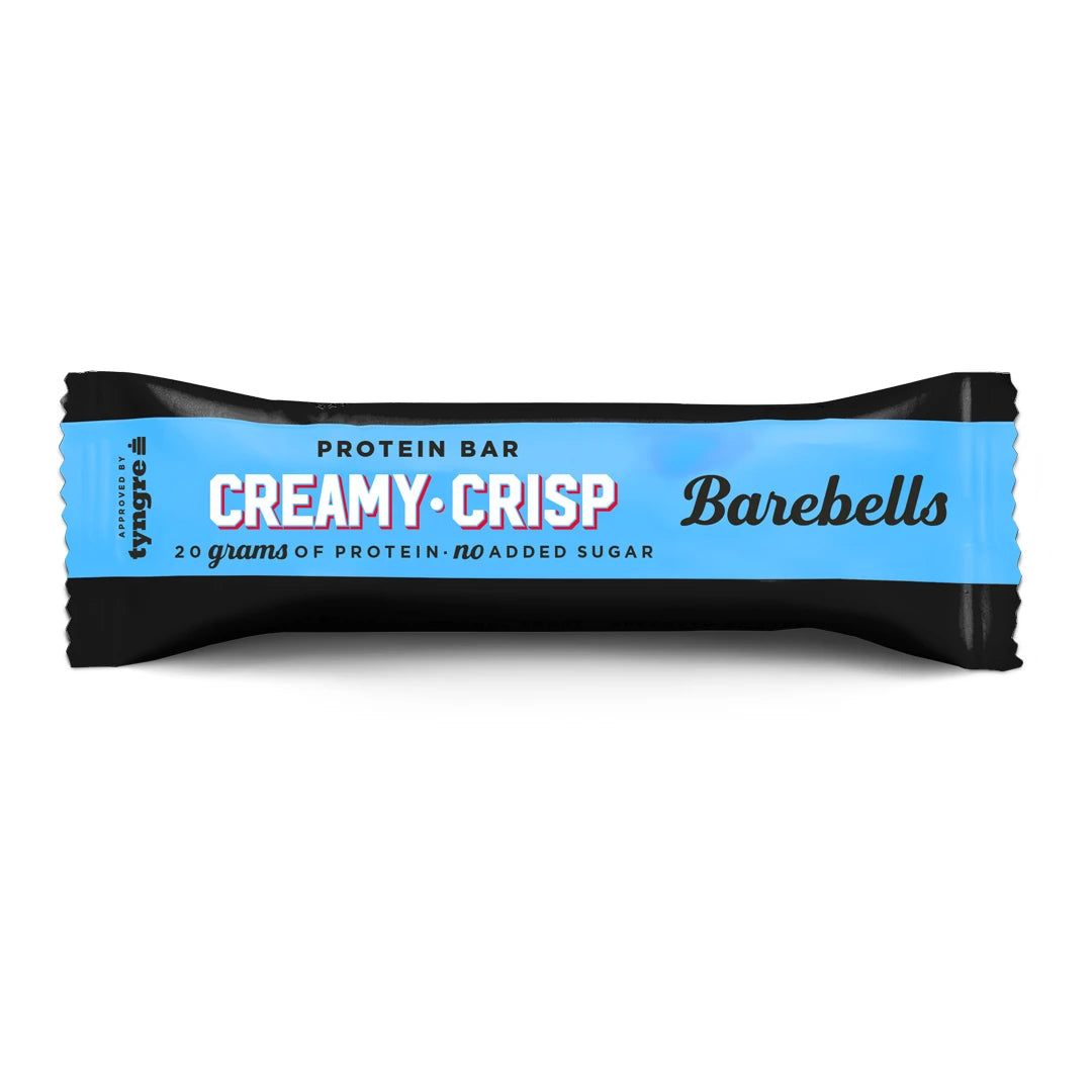 Barebells Soft protein bar 55 g Creamy Crisp i en svart och ljusblå förpackning.