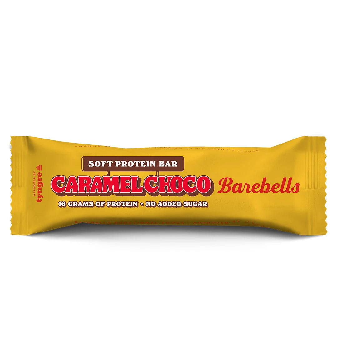 Barebells Soft protein bar 55 g i en gul förpackning med röd text för smaken Caramel Choco., bild 3 av 19