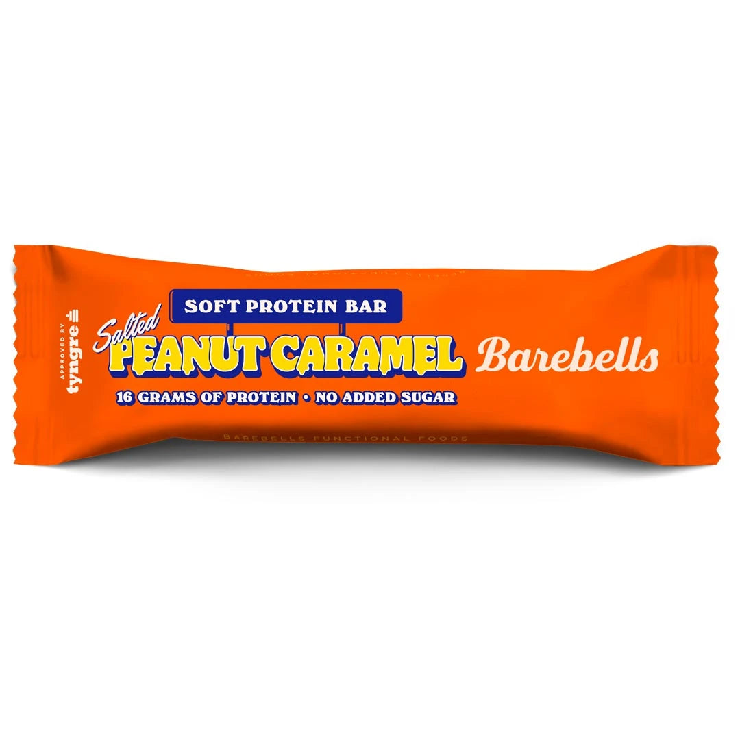 Barebells Soft protein bar 55 g i en orange förpackning med blå text för smaken Salted Peanut Caramel., bild 4 av 19
