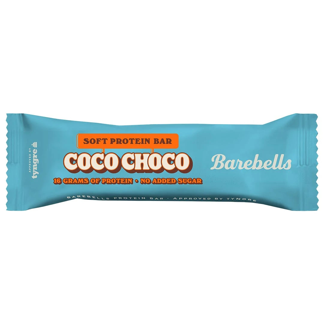 Barebells Soft protein bar 55 g i en ljusblå förpackning med orange detaljer för smaken Coco Choco., bild 7 av 19
