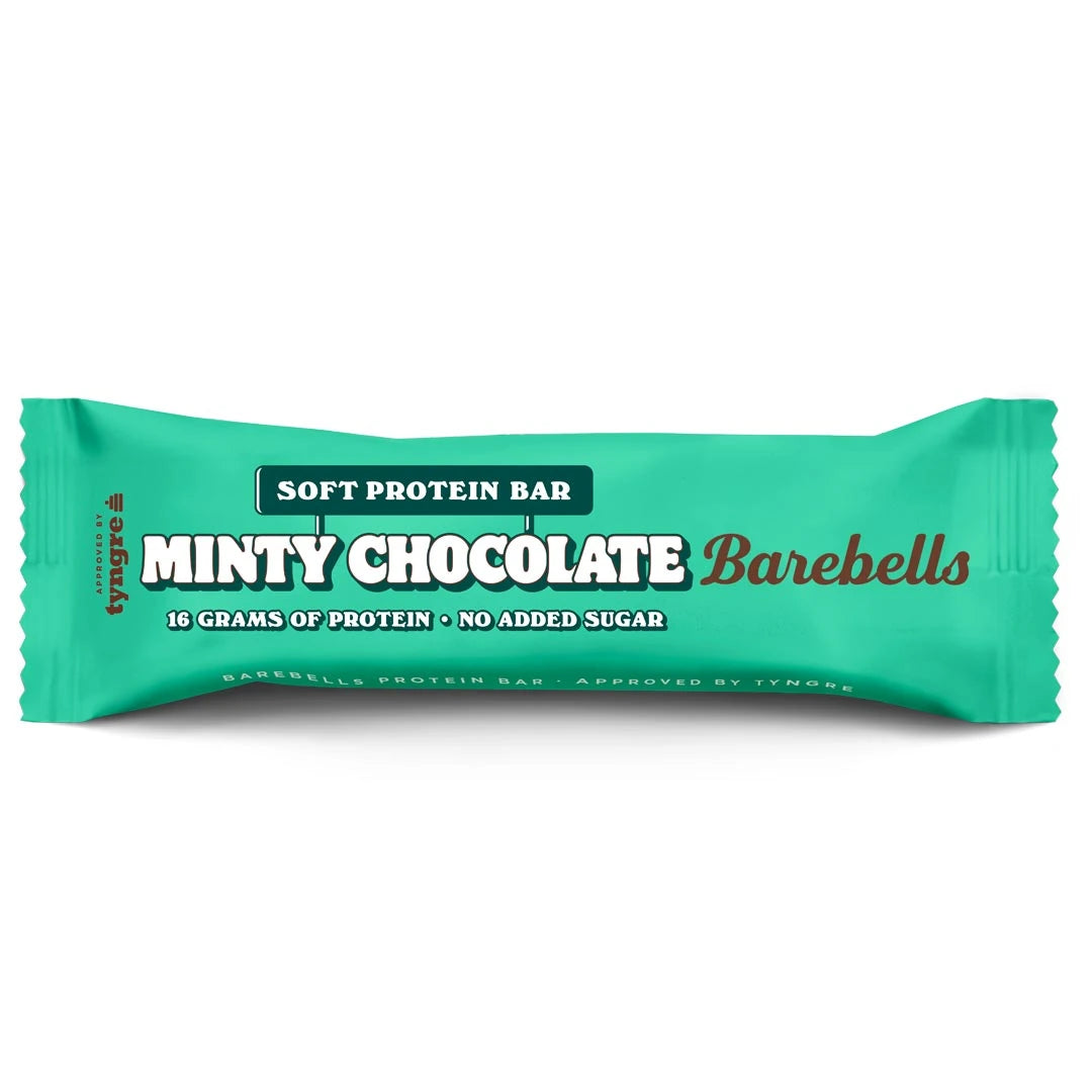 Barebells Soft protein bar 55 g i en turkos förpackning med smaken Minty Chocolate., bild 8 av 19