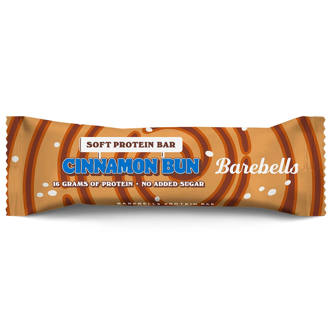Barebells Soft protein bar 55 g i en brun förpackning med virvelmönster för smaken Cinnamon Bun., bild 15 av 19