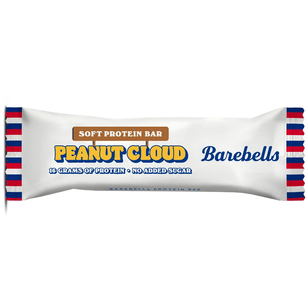 Barebells Soft protein bar 55 g i en vit förpackning med röd- och blårandiga kanter för smaken Peanut Cloud., bild 16 av 19