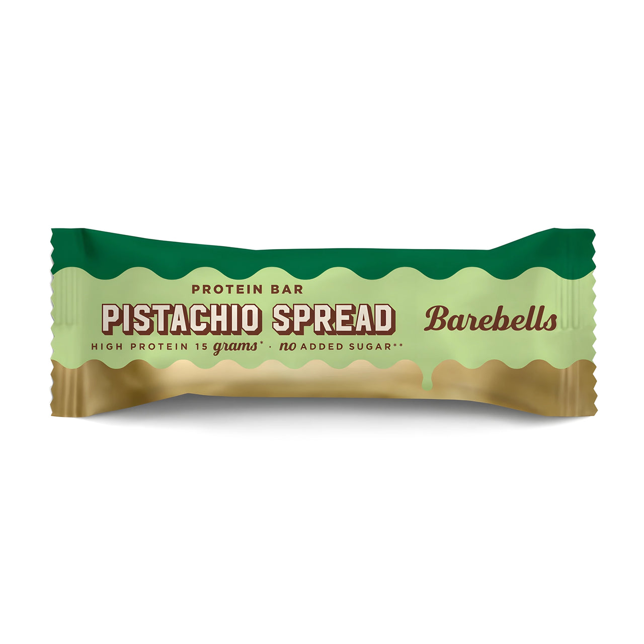 Barebells Soft Protein Bar 45 g i en ljusgrön förpackning med mörkgröna och bruna detaljer för smaken Pistachio Spread.