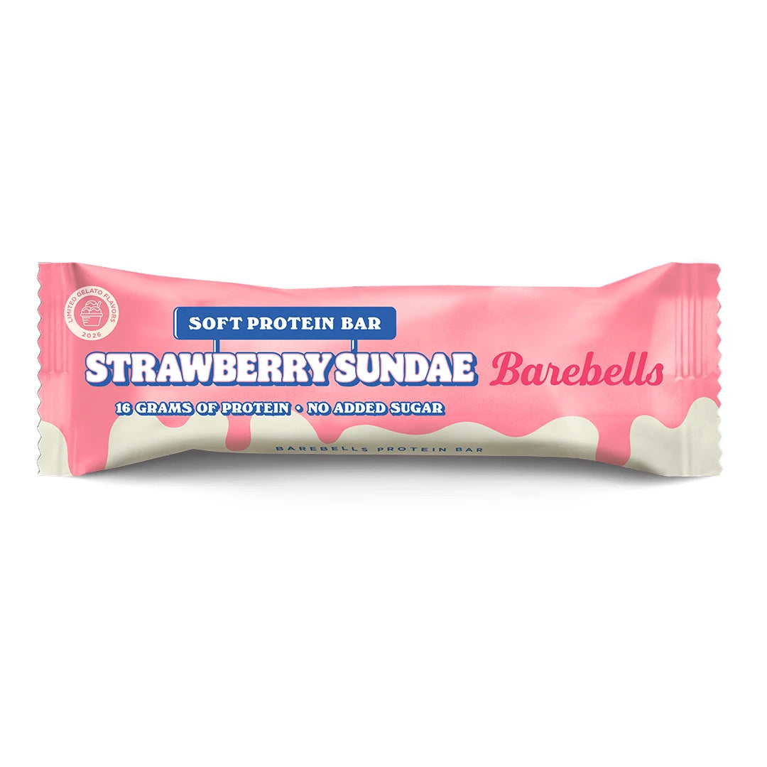 Barebells Soft protein bar 55 g i en rosa och vit förpackning för smaken Strawberry Sundae., bild 17 av 19