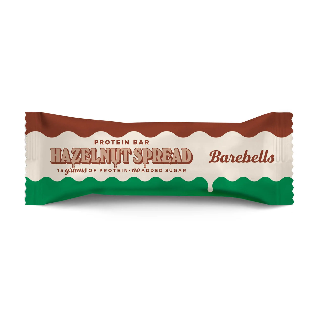 Barebells Protein Bar Spread 45 g i en brun, vit och grön förpackning för smaken Hazelnut Spread.