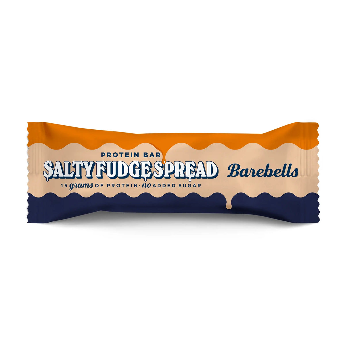 Barebells Protein Bar Spread 45 g i en orange, beige och mörkblå förpackning för smaken Salty Fudge Spread., bild 3 av 4
