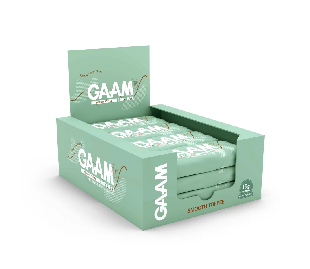 12 x GAAM Soft bar 45 g Smooth Toffee i en ljusgrön kartong med vita och bruna detaljer.
