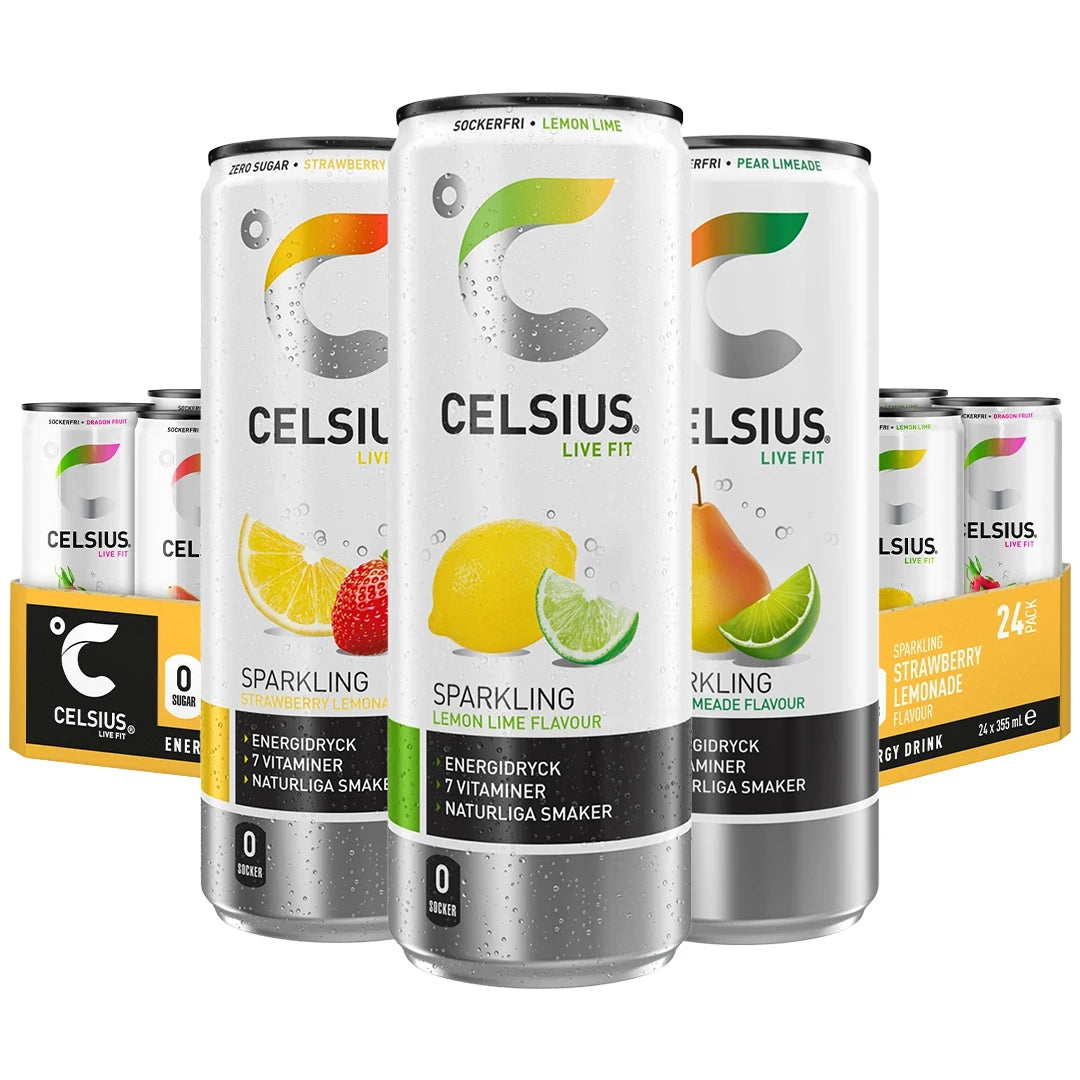 24 x Celsius 355 ml Mixflak med vita energidrycksburkar i olika smaker uppställda vid ett gult flak.