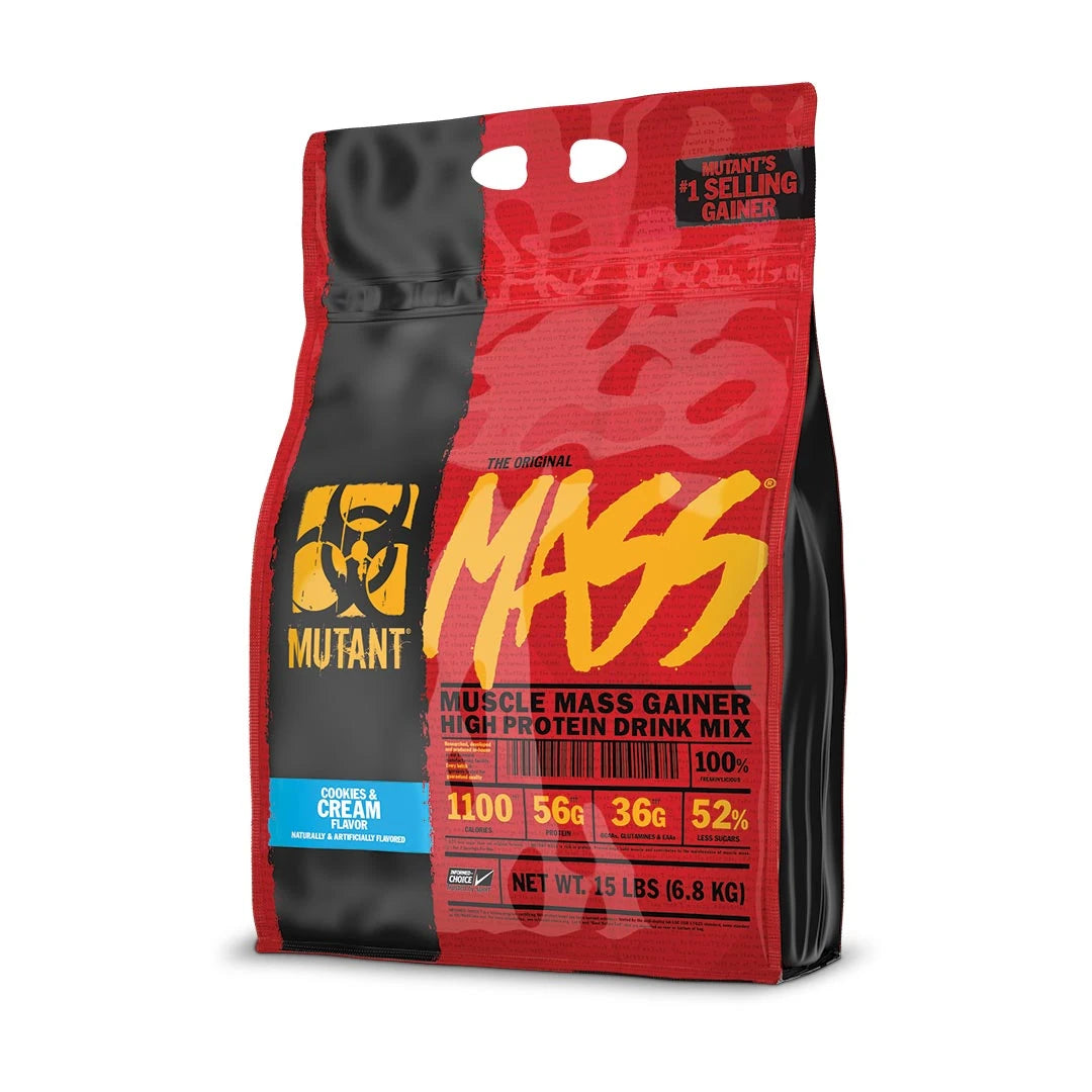 Mutant Mass 6.8 kg gainer i en röd och svart påse med gula detaljer för smaken Cookies &amp; Cream., bild 4 av 4