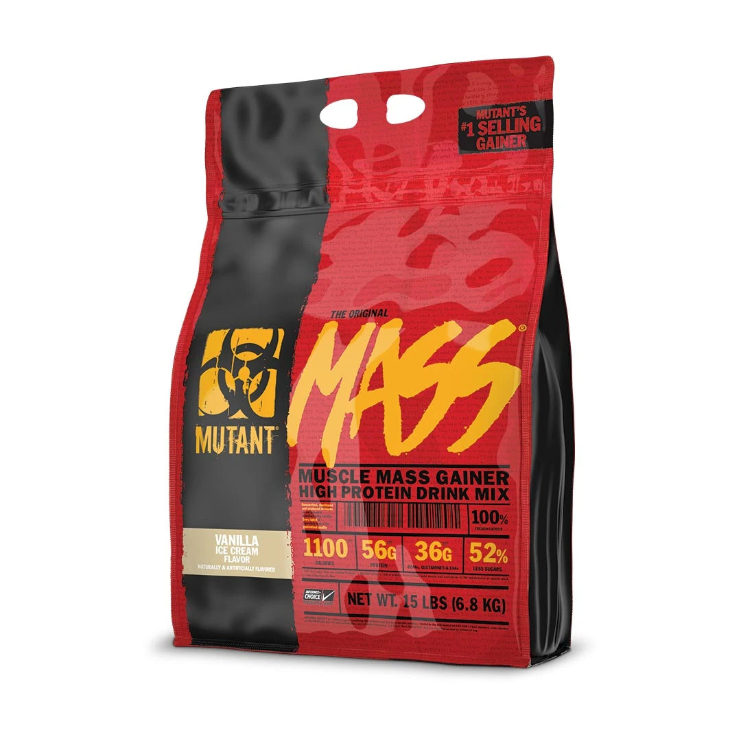 Mutant Mass 6.8 kg gainer i en röd och svart påse med gula detaljer för smaken Vanilla Ice Cream.