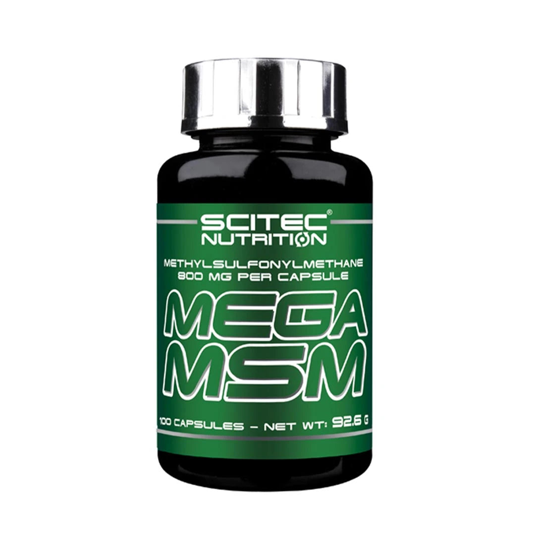 Svart burk med grön etikett innehållande Scitec Nutrition Mega MSM 100 caps, ett kosttillskott för leder.