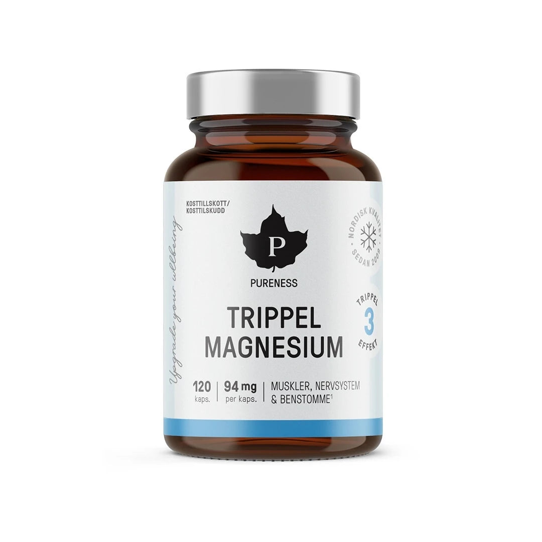 Brun burk med silvrigt lock innehållande Pureness Trippel Magnesium 120 caps, med vit etikett och svarta detaljer.