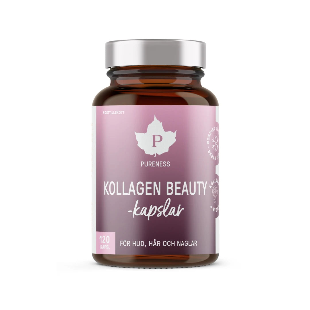 Pureness Kollagen Beauty 120 caps i en mörkbrun burk med silverlock och rosa etikett.