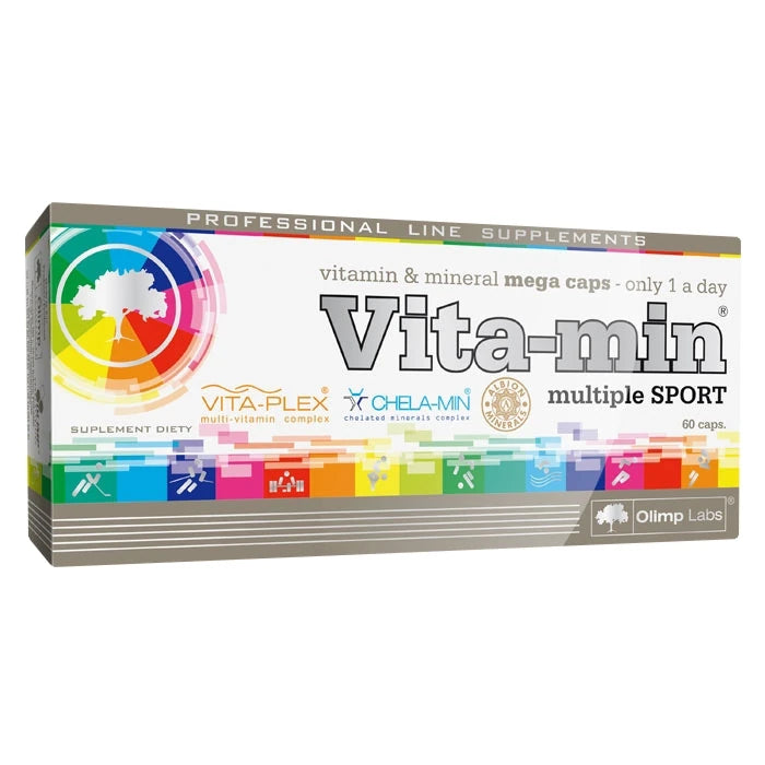 Olimp Vita-min Multiple Sport 60 caps, ett kosttillskott i en vit kartong med färgglada detaljer och text.