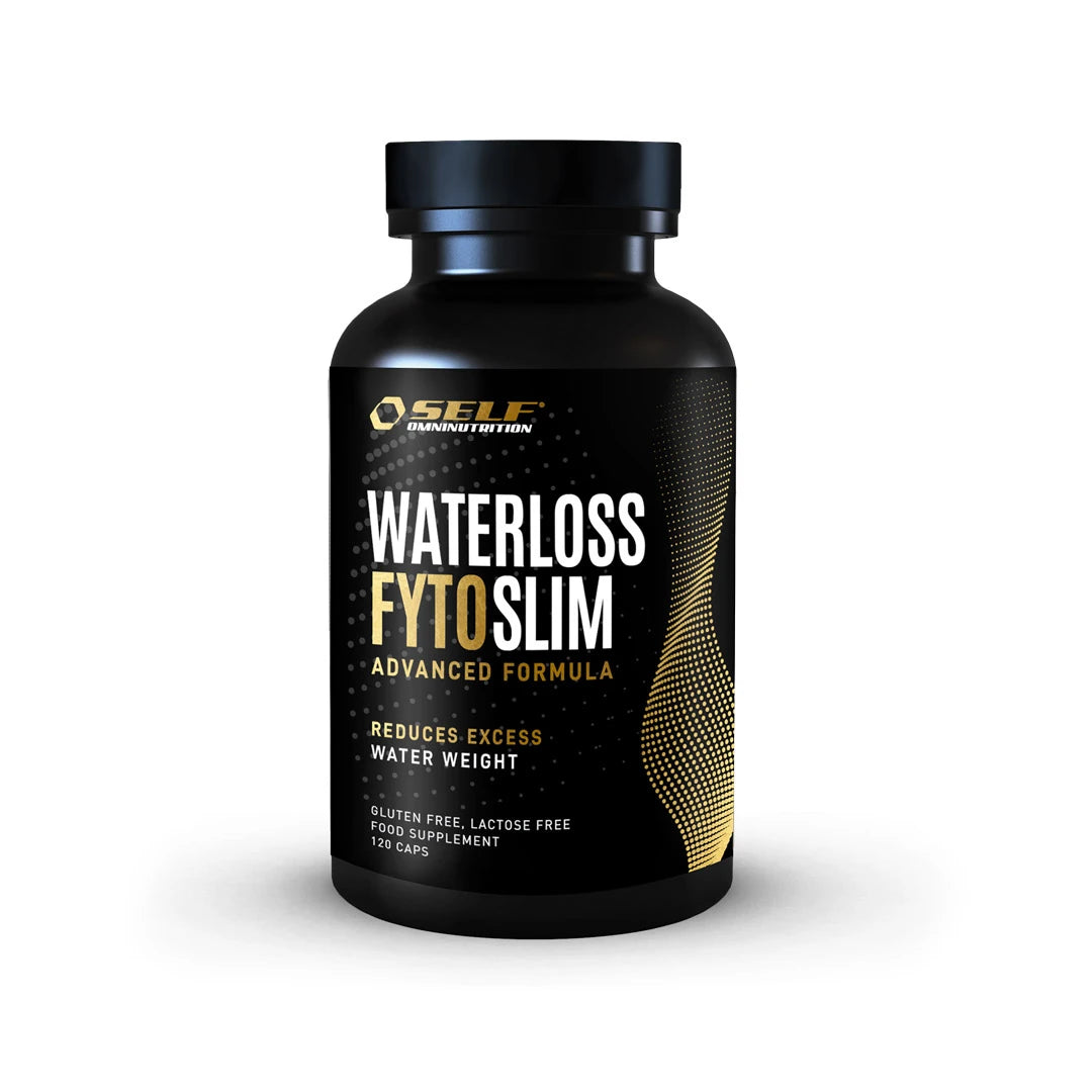 Self Omninutrition Waterloss 120 caps vätskedrivande kosttillskott i en svart burk med vita och guldiga detaljer.