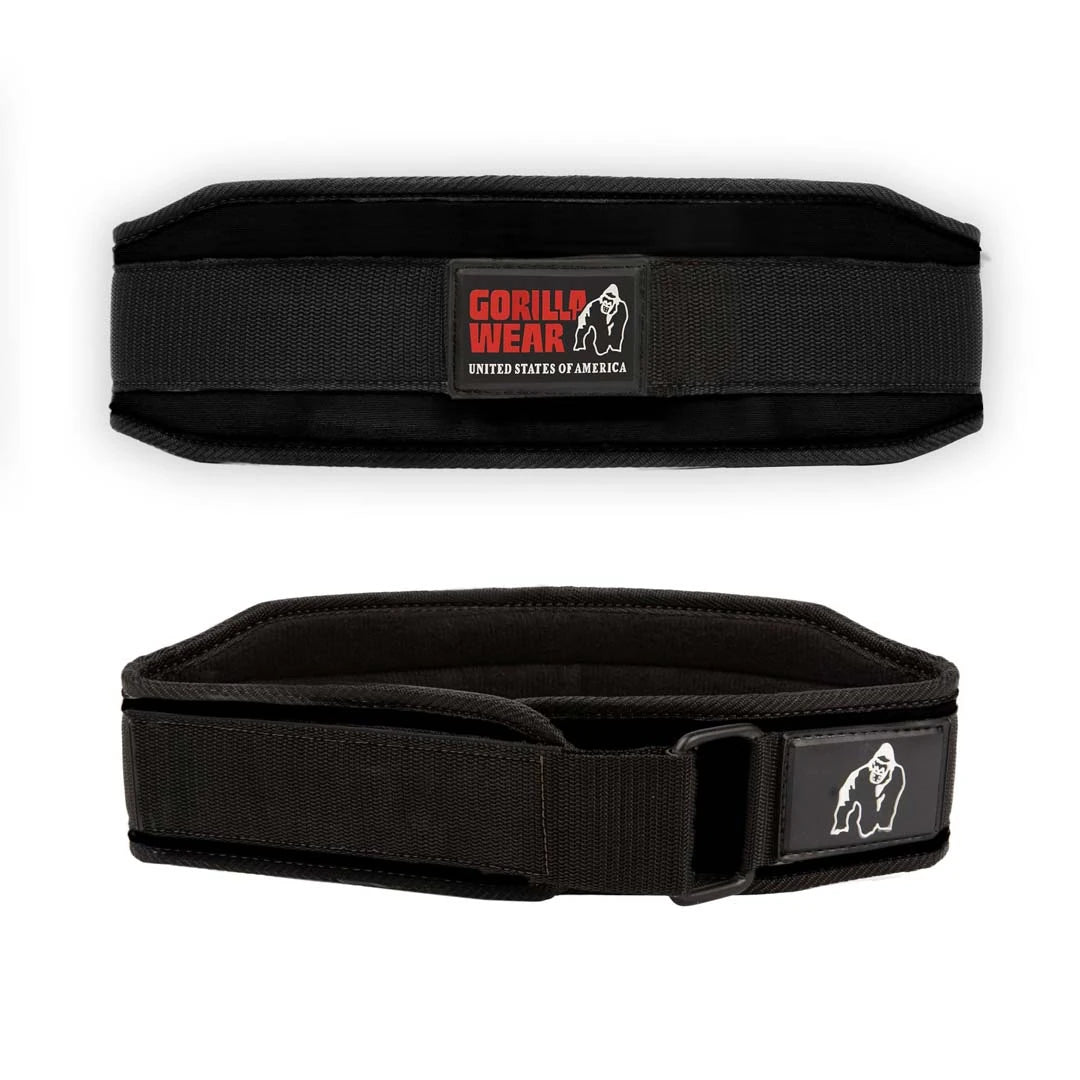 Svart Gorilla Wear 4 Inch Women's Lifting Belt träningsbälte med kardborrestängning och logga för support vid tunga lyft.
