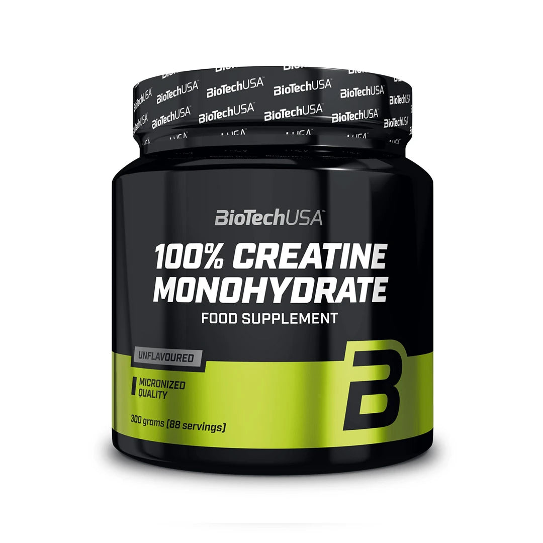 BioTechUSA 100% Creatine Monohydrate 300 g, ett naturellt kreatinpulver förpackat i en svart burk med gröna detaljer.