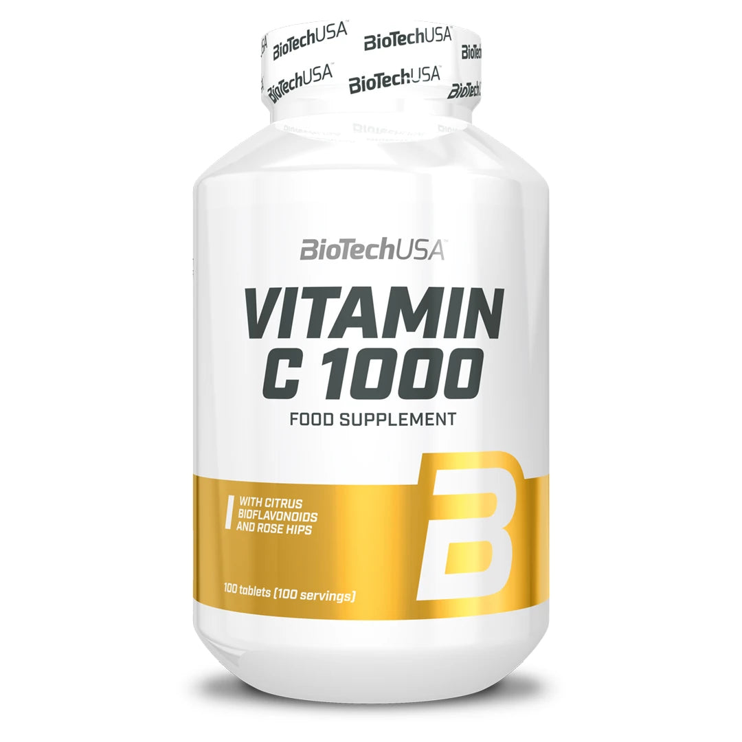 BioTechUSA Vitamin C 1000 100 tabs förpackad i en vit burk med guldiga detaljer.
