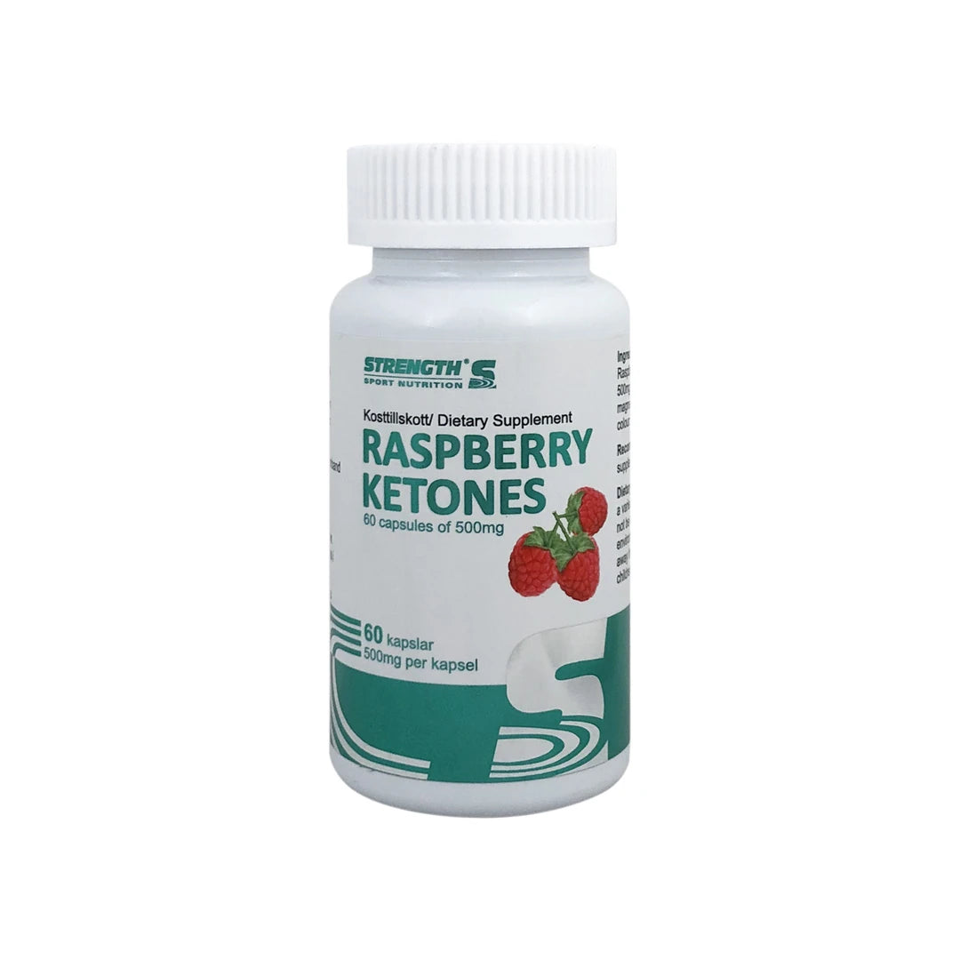Strength Sport Nutrition Raspberry Ketone 60 caps i en vit burk med grön text och bilder av hallon.