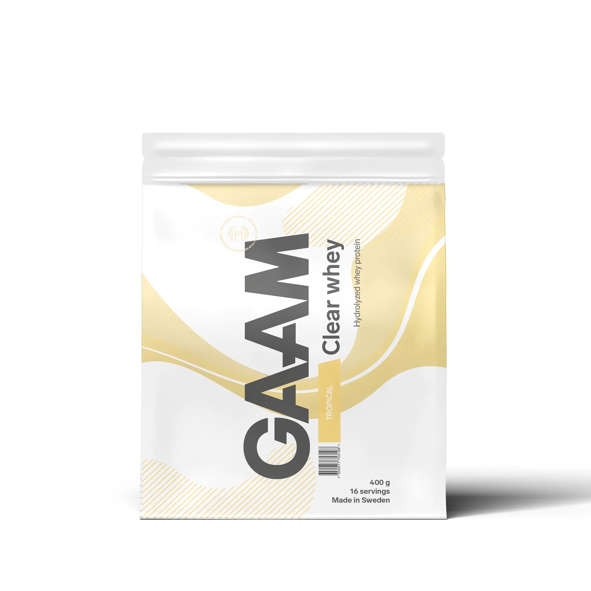 GAAM Clear Whey 400 g proteinpulver i en vit påse med ljusgula detaljer för smaken Tropical., bild 3 av 4