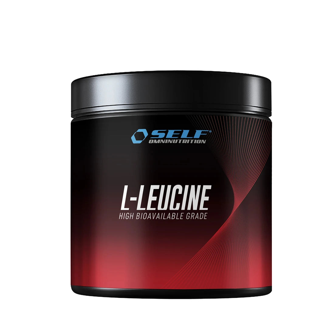 Self Omninutrition Leucine 200 g, ett smakfritt L-leucin-kosttillskott förpackat i en svart burk med röda detaljer.