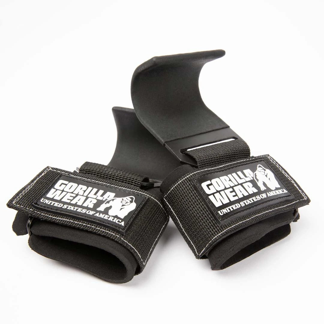 Gorilla Wear Weight Lifting Hooks Black/White, robusta svarta dragkrokar i stål och nylon med vit logotyp.