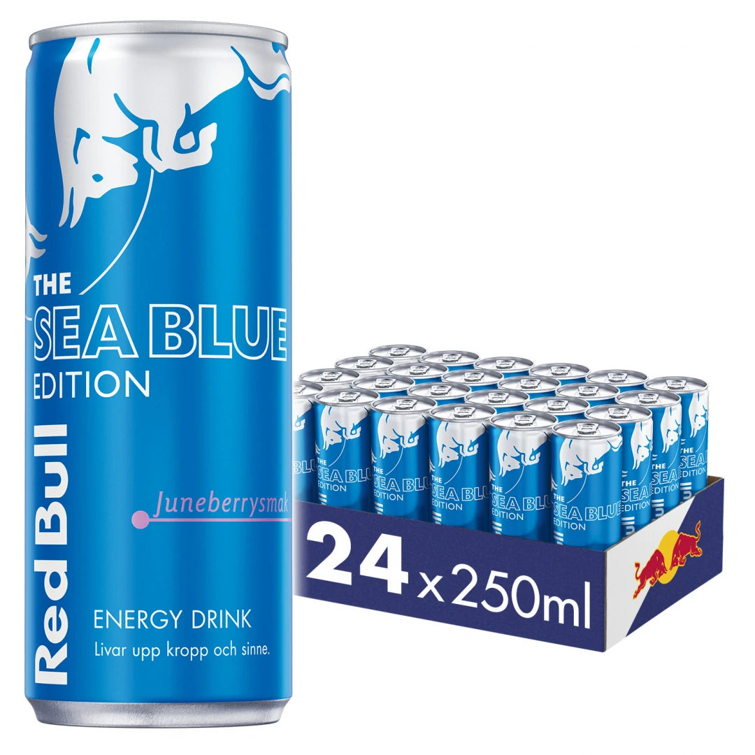 24 x Red Bull Energidryck 250 ml Sea Blue Edition - Juneberry i ett flak med matchande klarblå och silvriga burkar.