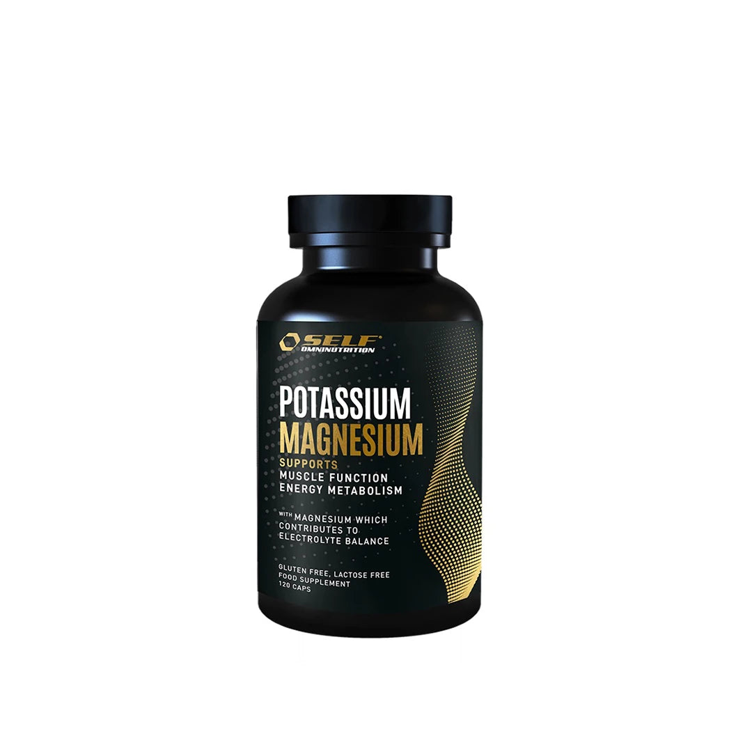 Self Omninutrition Potassium-Magnesium 120 caps, en svart burk med guldiga detaljer och vit text.